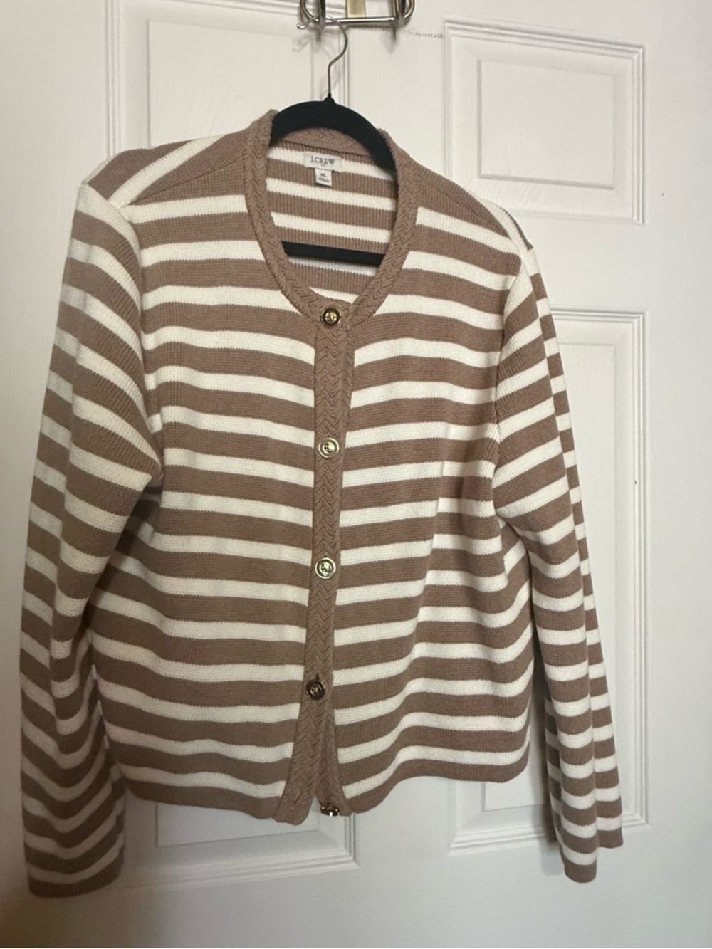 J. Crew Striped Crewneck Cardigan in Cream and Tan